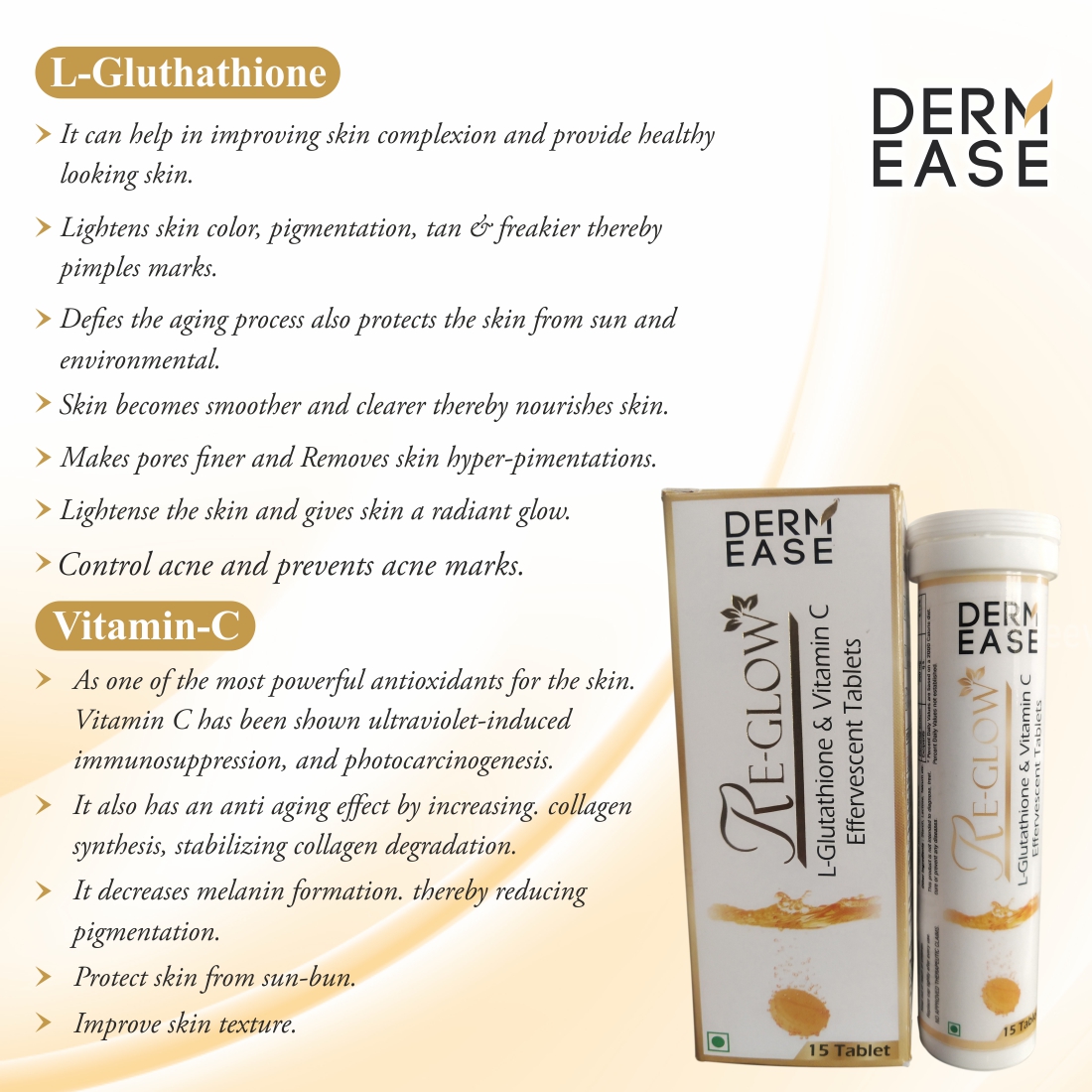 DERM EASE Re Glow L Glutathione & Vitamin C Tablets